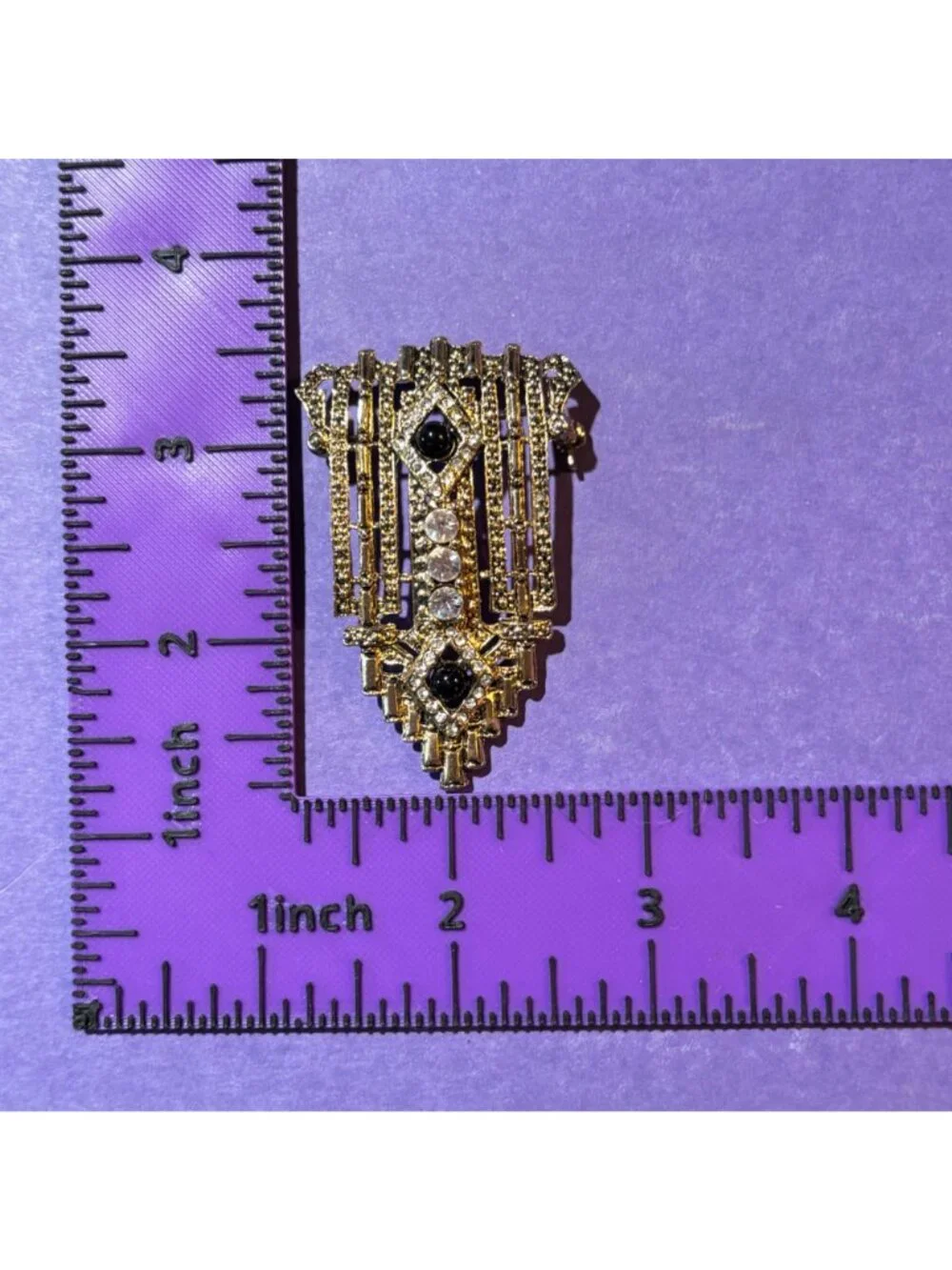 Art Deco Gold Brooch Pin With Black & Clear Rhinestones Vintage Statement Gift